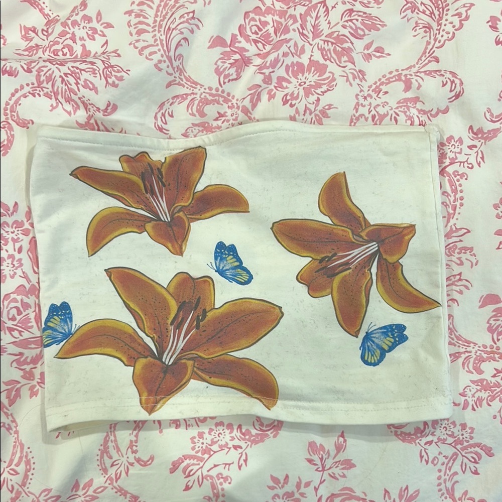 edikted White Tube Top with Orange Flowers and Blue Butterflies